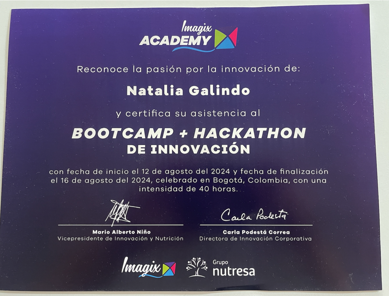 Imagix Academy and Grupo Nutresa certificate for Natalia Galindo