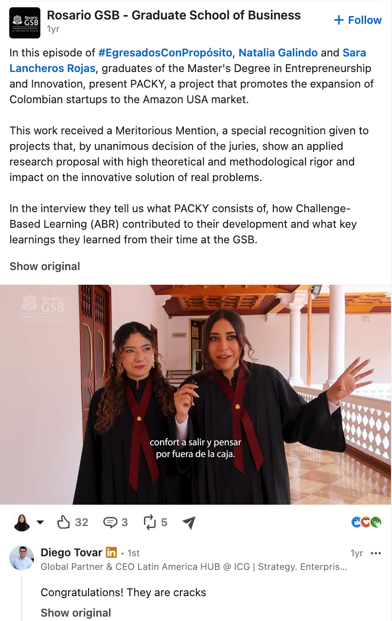 Rosario GSB LinkedIn post recognizing Natalia Galindo and Sara Lancheros Rojas for PACKY