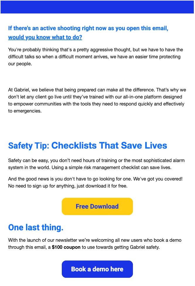 Client newsletter email for Gabriel Protects