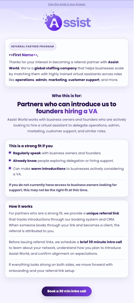 Partner referral follow-up email for Assist World