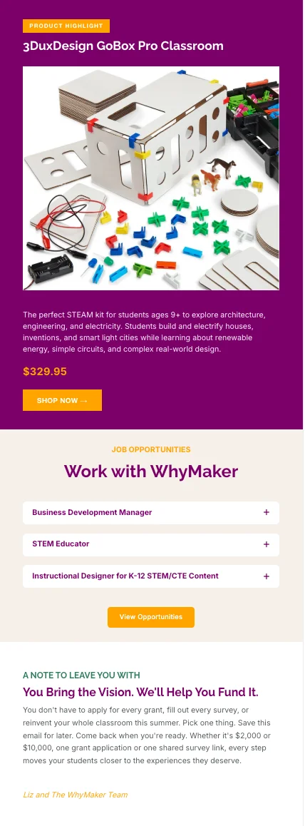 Product highlight email for WhyMaker