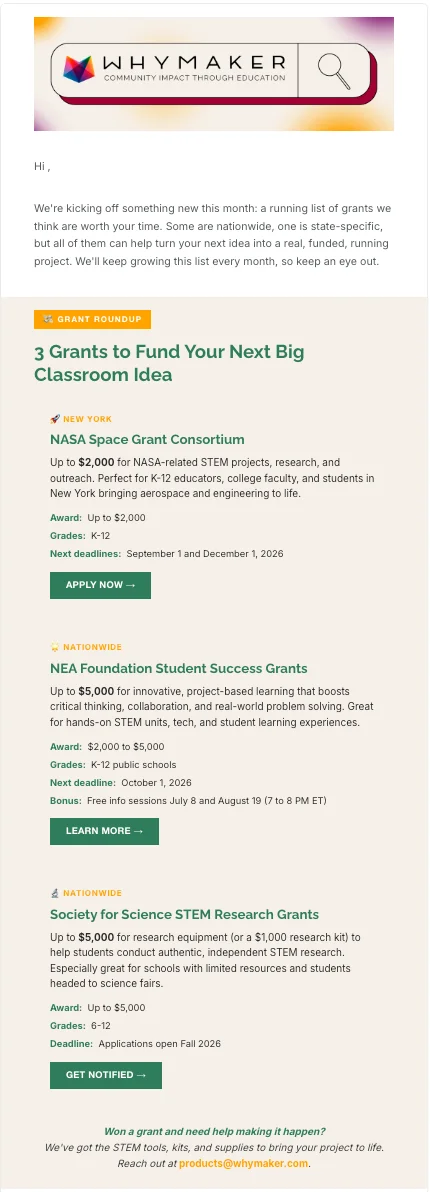 Grants for educators email for WhyMaker