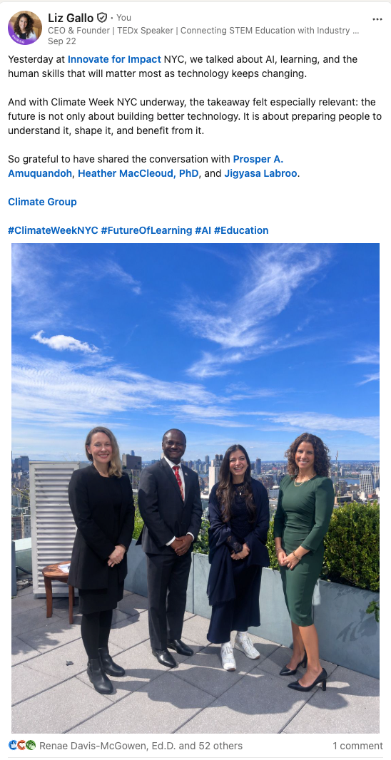 LinkedIn post by Liz Gallo: Innovate for Impact at Climate Week NYC