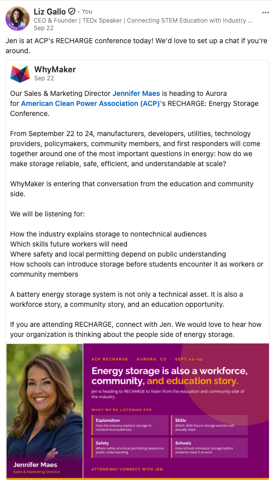 LinkedIn post by Liz Gallo: Event outreach for ACP RECHARGE