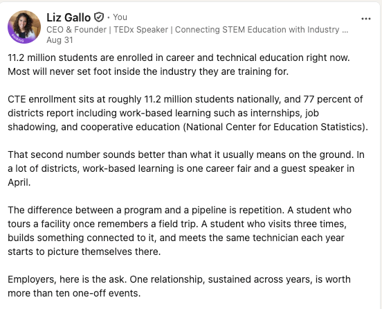 LinkedIn post by Liz Gallo: From program to pipeline in career education
