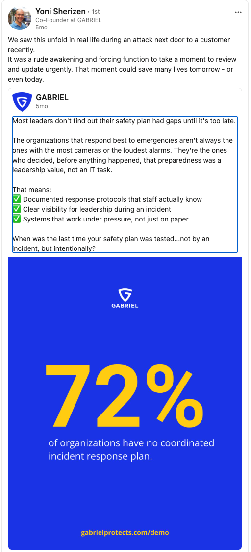 LinkedIn post by Yoni Sherizen: Safety plans as a leadership value